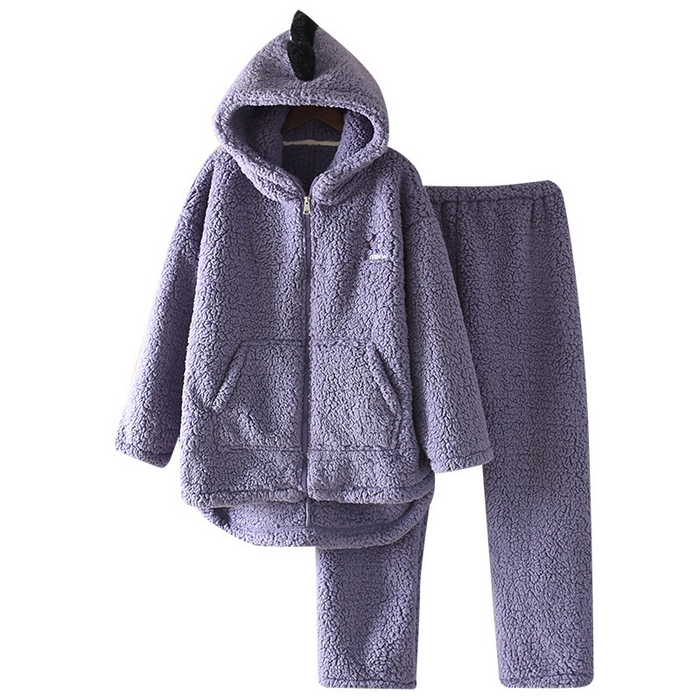 91家纺网 家纺一手货源 找家纺 （总）洛兰沙家居馆 2025新款只代发羊羔绒睡衣女秋冬季加绒加厚保暖卡通可爱恐龙连帽家居服套装紫色