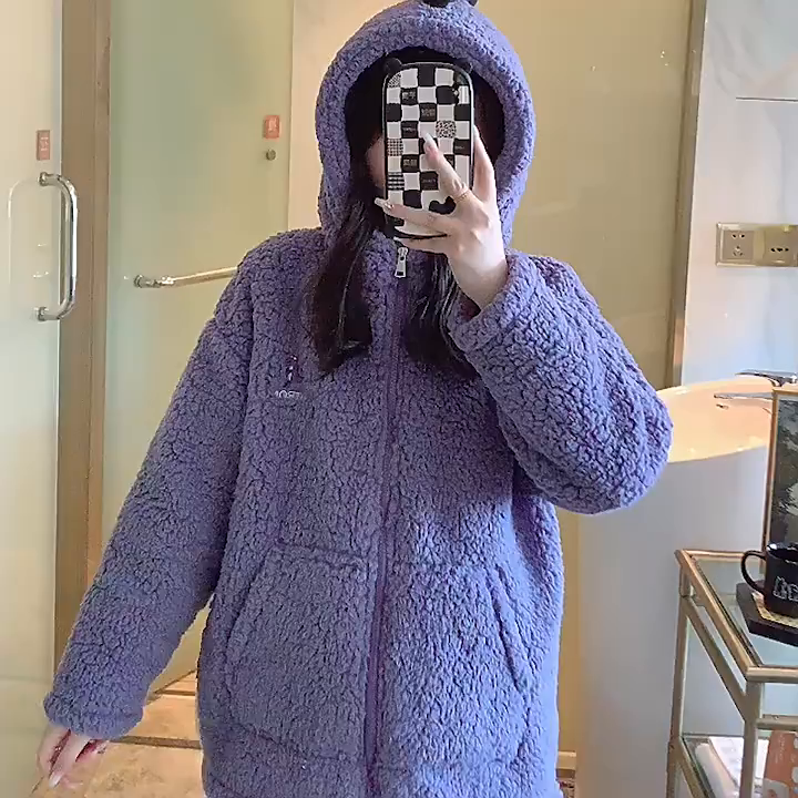91家纺网 家纺一手货源 找家纺 （总）洛兰沙家居馆 2025新款只代发羊羔绒睡衣女秋冬季加绒加厚保暖卡通可爱恐龙连帽家居服套装紫色