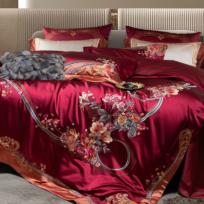 91家纺网 家纺一手货源 找家纺 至爱今生 2025新款色值提花四件套-安吉莉娜 安吉莉娜-酒红