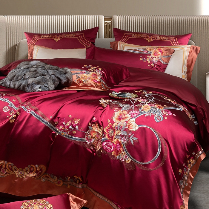 91家纺网 家纺一手货源 找家纺 至爱今生 2025新款色值提花四件套-安吉莉娜 安吉莉娜-酒红