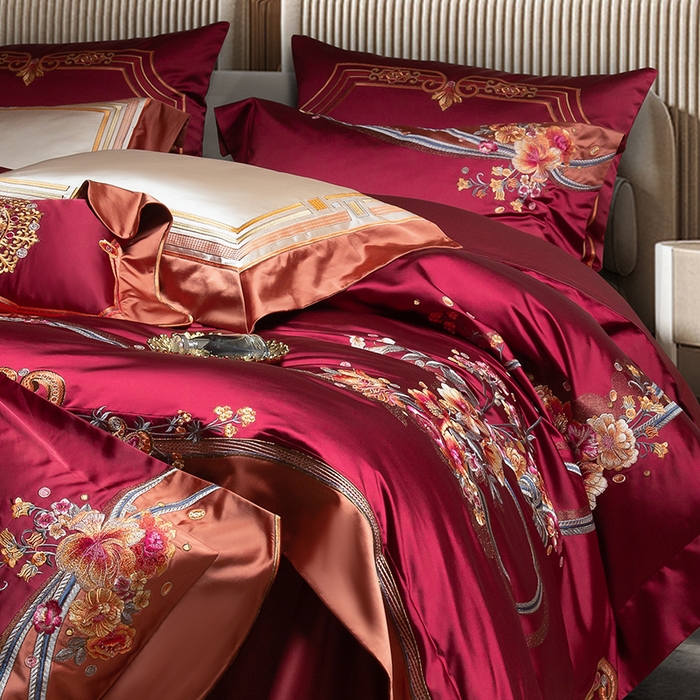 91家纺网 家纺一手货源 找家纺 至爱今生 2025新款色值提花四件套-安吉莉娜 安吉莉娜-酒红