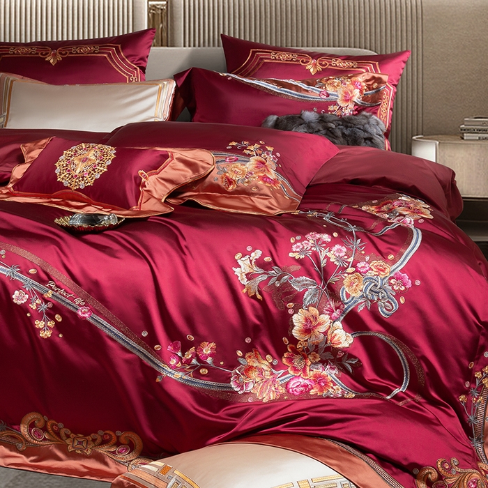 91家纺网 家纺一手货源 找家纺 至爱今生 2025新款色值提花四件套-安吉莉娜 安吉莉娜-酒红