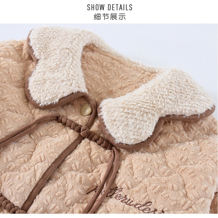 91家纺网 家纺一手货源 找家纺 （总）洛兰沙家居馆 2025新款只代发新款娃娃领加厚睡衣女法兰绒夹棉加绒套装秋冬季珊瑚绒家居服