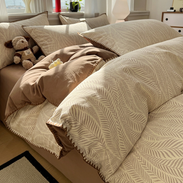 棉生活家纺 2025新款简约北欧风全棉纯棉磨毛贝壳边四件套 追影