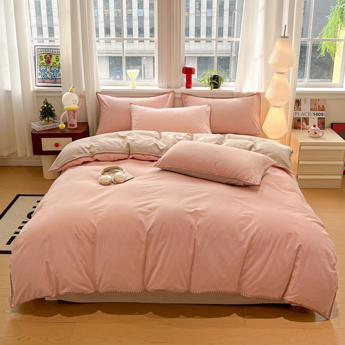 91家纺网 家纺一手货源 找家纺 棉生活家纺 2025新款简约北欧风全棉纯棉磨毛贝壳边四件套 粉黛