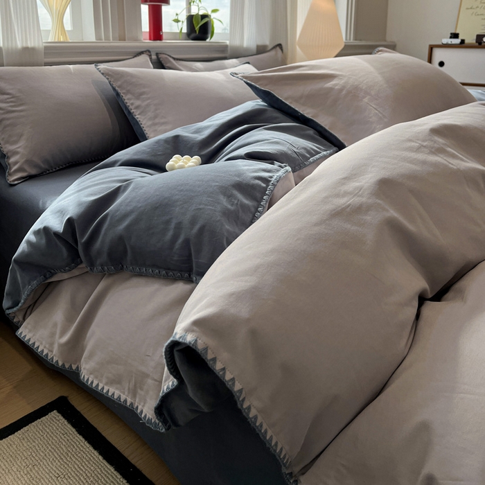 棉生活家纺 2025新款简约北欧风全棉纯棉磨毛贝壳边四件套 蓝涧