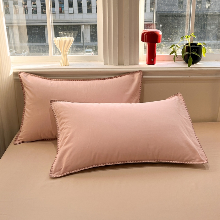 91家纺网 家纺一手货源 找家纺 棉生活家纺 2025新款简约北欧风全棉纯棉磨毛贝壳边四件套 粉黛