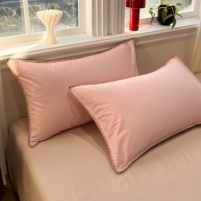 91家纺网 家纺一手货源 找家纺 棉生活家纺 2025新款简约北欧风全棉纯棉磨毛贝壳边四件套 粉黛