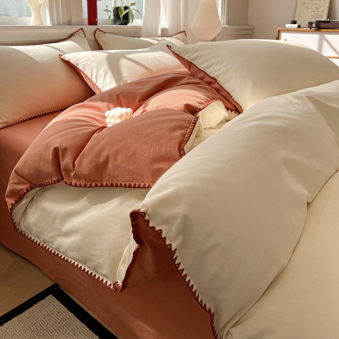 棉生活家纺 2025新款简约北欧风全棉纯棉磨毛贝壳边四件套 日落