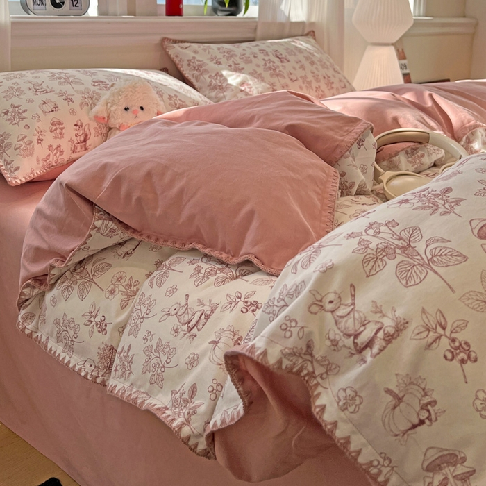 91家纺网 家纺一手货源 找家纺 棉生活家纺 2025新款简约北欧风全棉纯棉磨毛贝壳边四件套 漫野-粉