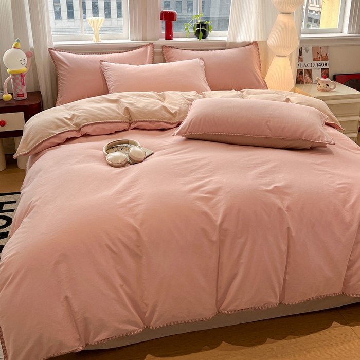 91家纺网 家纺一手货源 找家纺 棉生活家纺 2025新款简约北欧风全棉纯棉磨毛贝壳边四件套 粉黛