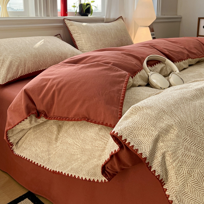 91家纺网 家纺一手货源 找家纺 棉生活家纺 2025新款简约北欧风全棉纯棉磨毛贝壳边四件套 枫情