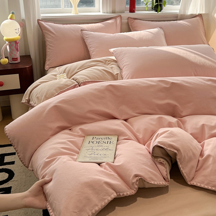 91家纺网 家纺一手货源 找家纺 棉生活家纺 2025新款简约北欧风全棉纯棉磨毛贝壳边四件套 粉黛