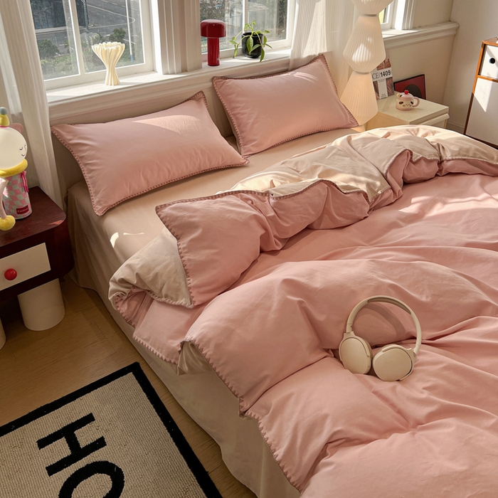 91家纺网 家纺一手货源 找家纺 棉生活家纺 2025新款简约北欧风全棉纯棉磨毛贝壳边四件套 粉黛