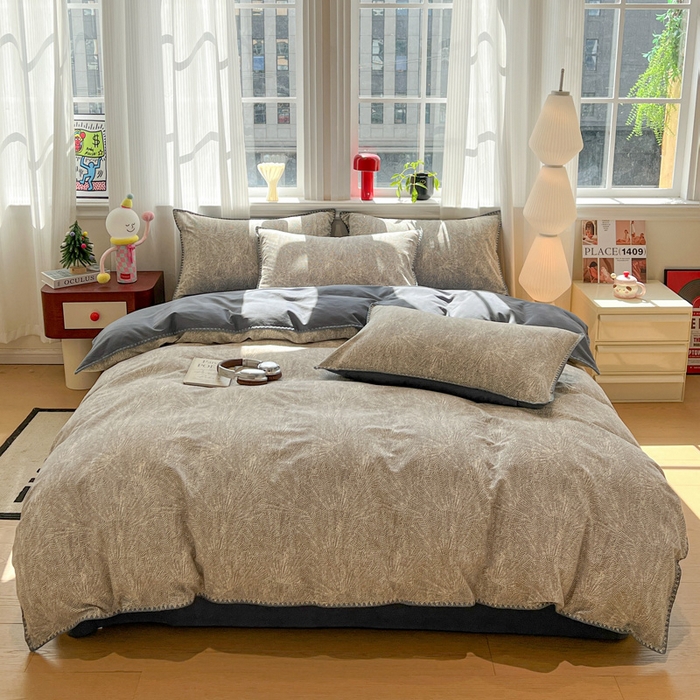 91家纺网 家纺一手货源 找家纺 棉生活家纺 2025新款简约北欧风全棉纯棉磨毛贝壳边四件套 叶飘