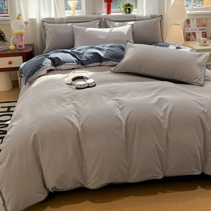 91家纺网 家纺一手货源 找家纺 棉生活家纺 2025新款简约北欧风全棉纯棉磨毛贝壳边四件套 蓝涧