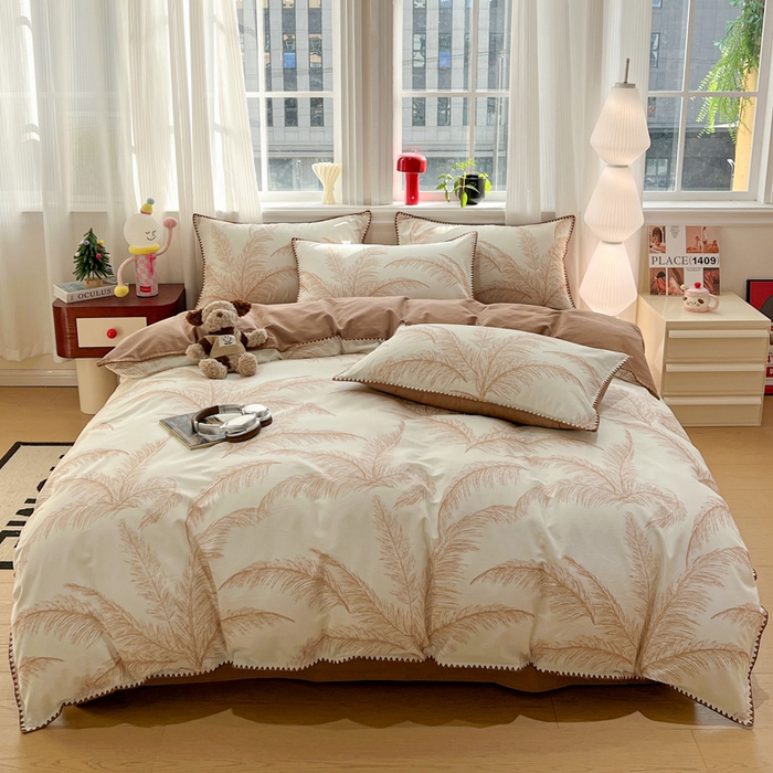 91家纺网 家纺一手货源 找家纺 棉生活家纺 2025新款简约北欧风全棉纯棉磨毛贝壳边四件套 绽放