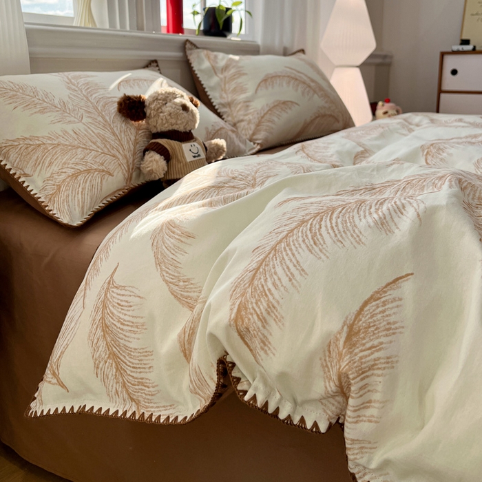 91家纺网 家纺一手货源 找家纺 棉生活家纺 2025新款简约北欧风全棉纯棉磨毛贝壳边四件套 绽放