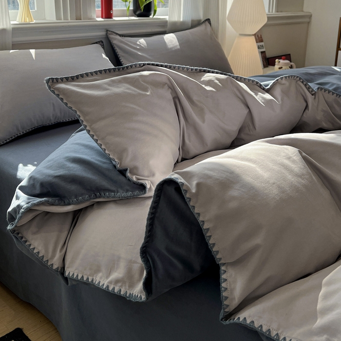 91家纺网 家纺一手货源 找家纺 棉生活家纺 2025新款简约北欧风全棉纯棉磨毛贝壳边四件套 蓝涧