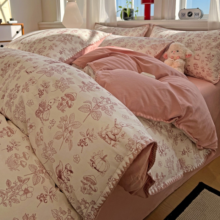 91家纺网 家纺一手货源 找家纺 棉生活家纺 2025新款简约北欧风全棉纯棉磨毛贝壳边四件套 漫野-粉