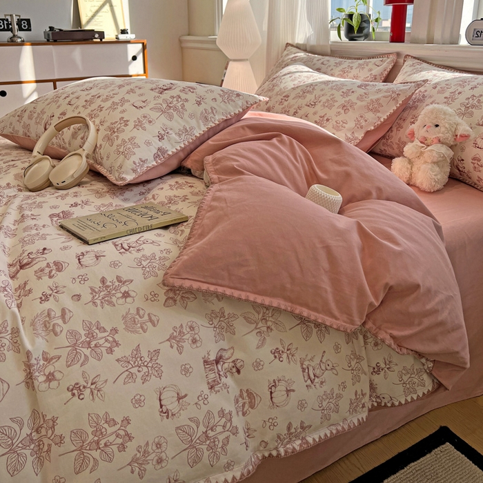 91家纺网 家纺一手货源 找家纺 棉生活家纺 2025新款简约北欧风全棉纯棉磨毛贝壳边四件套 漫野-粉