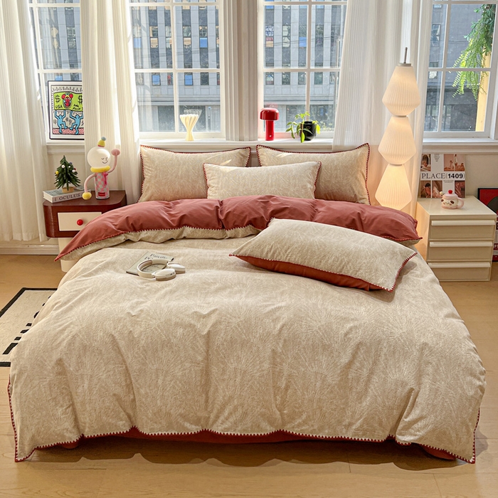 91家纺网 家纺一手货源 找家纺 棉生活家纺 2025新款简约北欧风全棉纯棉磨毛贝壳边四件套 枫情