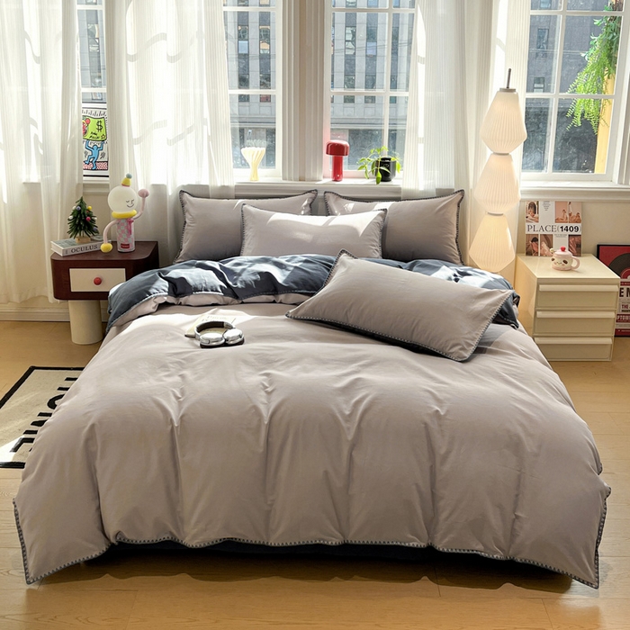 91家纺网 家纺一手货源 找家纺 棉生活家纺 2025新款简约北欧风全棉纯棉磨毛贝壳边四件套 蓝涧