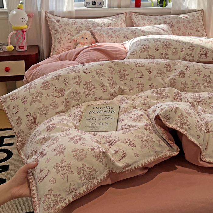 91家纺网 家纺一手货源 找家纺 棉生活家纺 2025新款简约北欧风全棉纯棉磨毛贝壳边四件套 漫野-粉