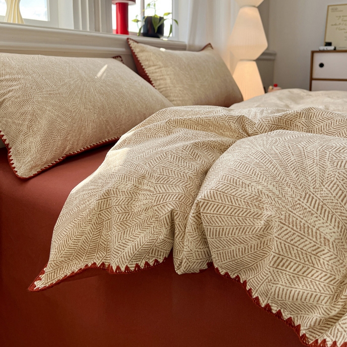 91家纺网 家纺一手货源 找家纺 棉生活家纺 2025新款简约北欧风全棉纯棉磨毛贝壳边四件套 枫情