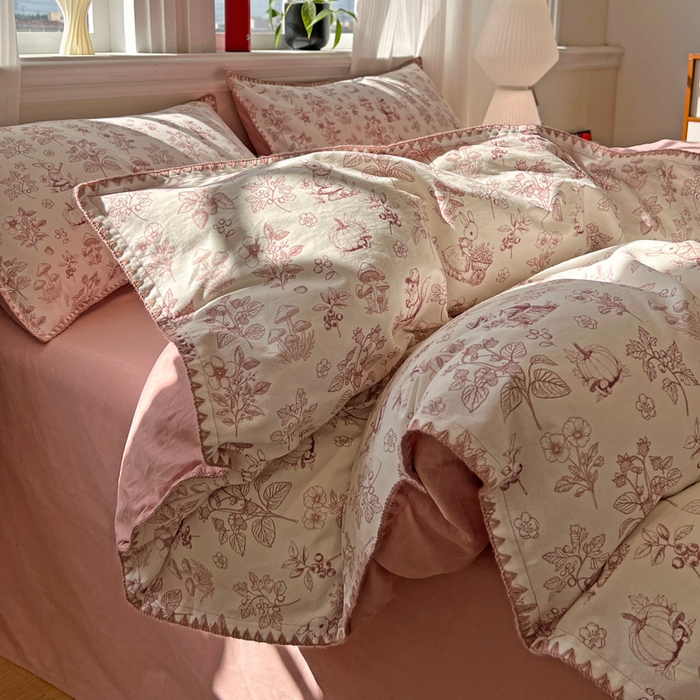 91家纺网 家纺一手货源 找家纺 棉生活家纺 2025新款简约北欧风全棉纯棉磨毛贝壳边四件套 漫野-粉