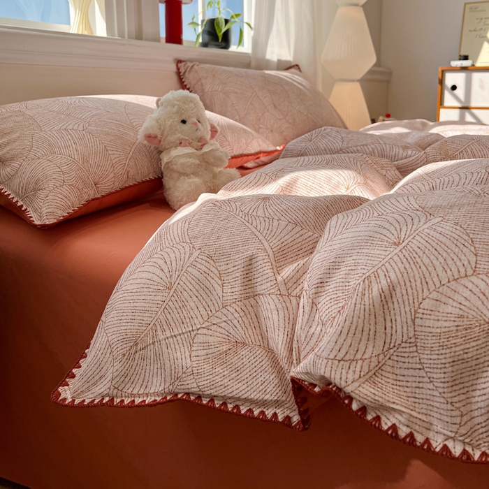 91家纺网 家纺一手货源 找家纺 棉生活家纺 2025新款简约北欧风全棉纯棉磨毛贝壳边四件套 秋日