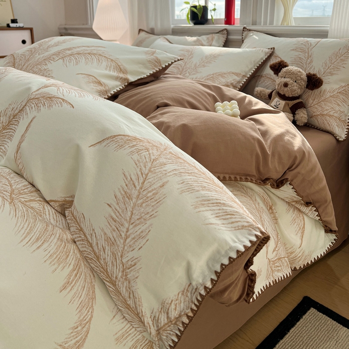 91家纺网 家纺一手货源 找家纺 棉生活家纺 2025新款简约北欧风全棉纯棉磨毛贝壳边四件套 绽放