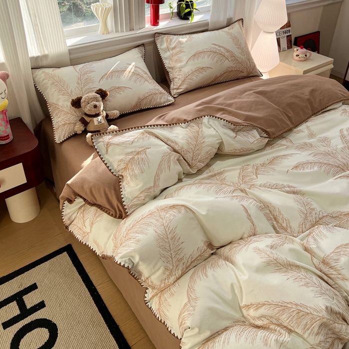 91家纺网 家纺一手货源 找家纺 棉生活家纺 2025新款简约北欧风全棉纯棉磨毛贝壳边四件套 绽放