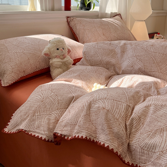 91家纺网 家纺一手货源 找家纺 棉生活家纺 2025新款简约北欧风全棉纯棉磨毛贝壳边四件套 秋日