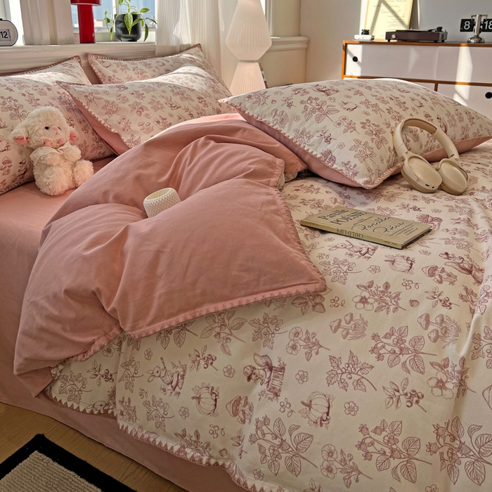 91家纺网 家纺一手货源 找家纺 棉生活家纺 2025新款简约北欧风全棉纯棉磨毛贝壳边四件套 漫野-粉