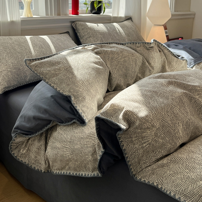 91家纺网 家纺一手货源 找家纺 棉生活家纺 2025新款简约北欧风全棉纯棉磨毛贝壳边四件套 叶飘