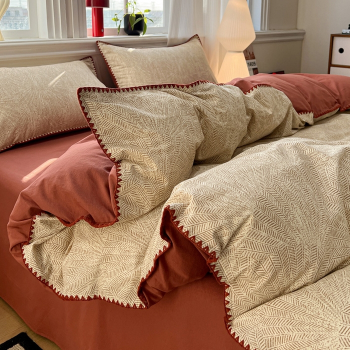 91家纺网 家纺一手货源 找家纺 棉生活家纺 2025新款简约北欧风全棉纯棉磨毛贝壳边四件套 枫情