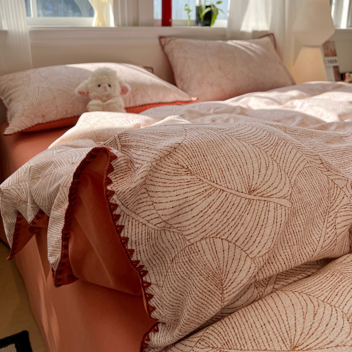 91家纺网 家纺一手货源 找家纺 棉生活家纺 2025新款简约北欧风全棉纯棉磨毛贝壳边四件套 秋日