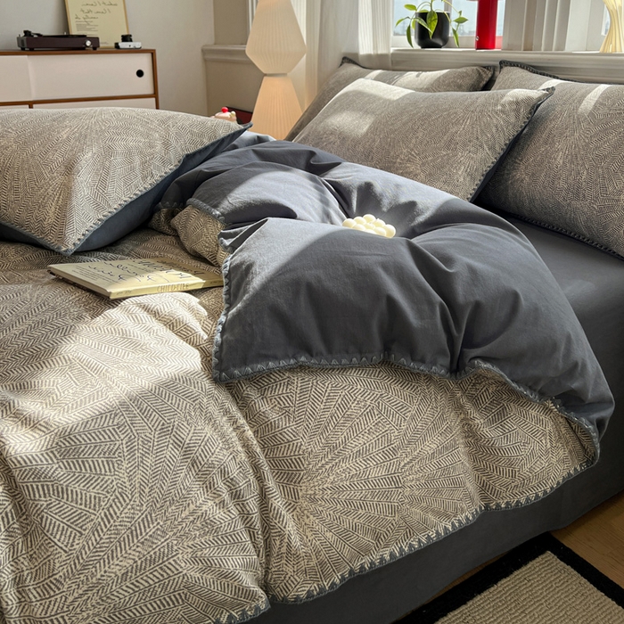 91家纺网 家纺一手货源 找家纺 棉生活家纺 2025新款简约北欧风全棉纯棉磨毛贝壳边四件套 叶飘