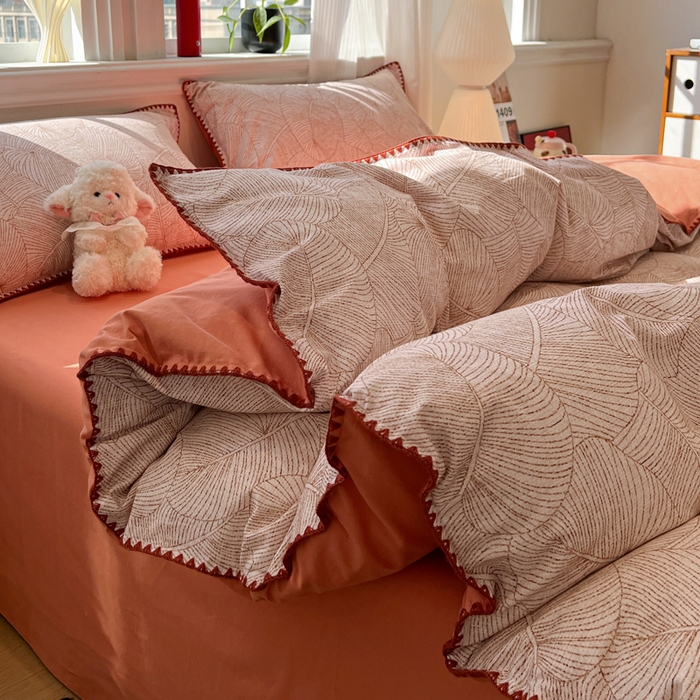 91家纺网 家纺一手货源 找家纺 棉生活家纺 2025新款简约北欧风全棉纯棉磨毛贝壳边四件套 秋日