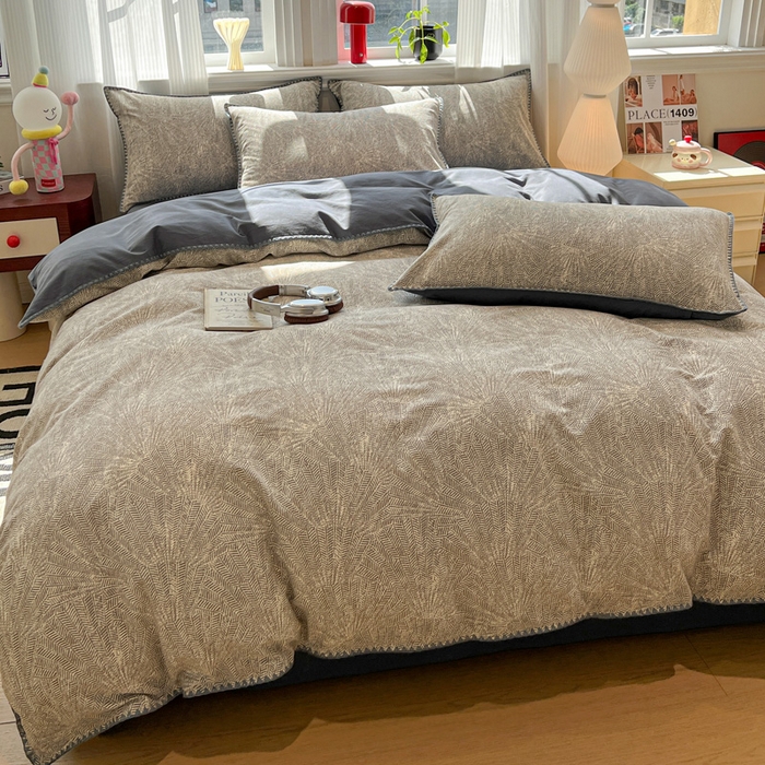 91家纺网 家纺一手货源 找家纺 棉生活家纺 2025新款简约北欧风全棉纯棉磨毛贝壳边四件套 叶飘