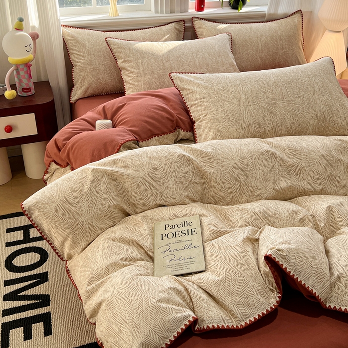 91家纺网 家纺一手货源 找家纺 棉生活家纺 2025新款简约北欧风全棉纯棉磨毛贝壳边四件套 枫情