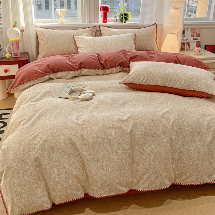 91家纺网 家纺一手货源 找家纺 棉生活家纺 2025新款简约北欧风全棉纯棉磨毛贝壳边四件套 枫情