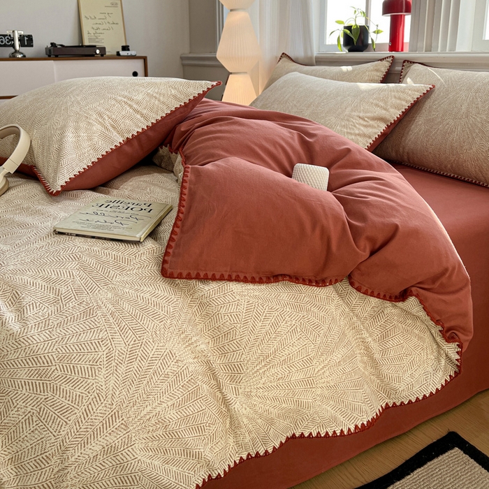 91家纺网 家纺一手货源 找家纺 棉生活家纺 2025新款简约北欧风全棉纯棉磨毛贝壳边四件套 枫情