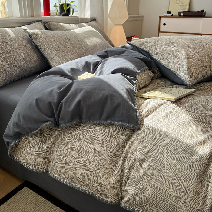 91家纺网 家纺一手货源 找家纺 棉生活家纺 2025新款简约北欧风全棉纯棉磨毛贝壳边四件套 叶飘