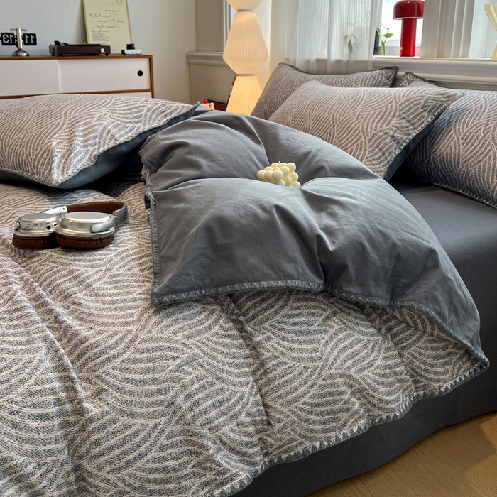 91家纺网 家纺一手货源 找家纺 棉生活家纺 2025新款简约北欧风全棉纯棉磨毛贝壳边四件套 流云