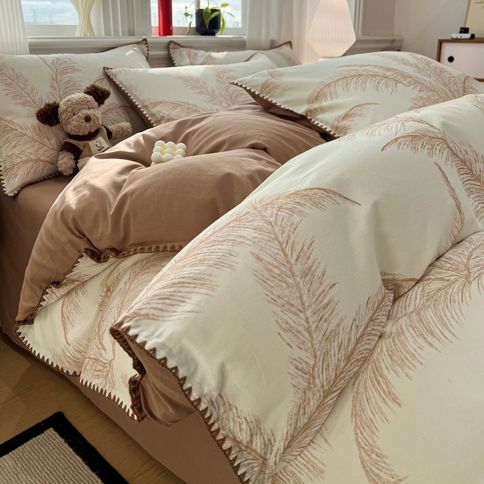 棉生活家纺 2025新款简约北欧风全棉纯棉磨毛贝壳边四件套 绽放