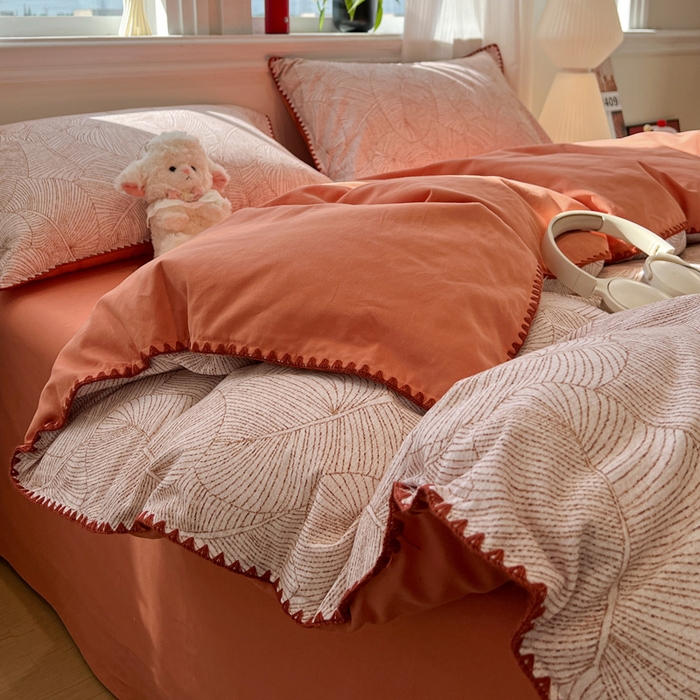 91家纺网 家纺一手货源 找家纺 棉生活家纺 2025新款简约北欧风全棉纯棉磨毛贝壳边四件套 秋日