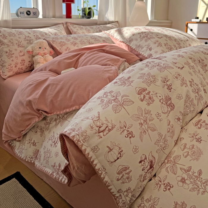 棉生活家纺 2025新款简约北欧风全棉纯棉磨毛贝壳边四件套 漫野-粉