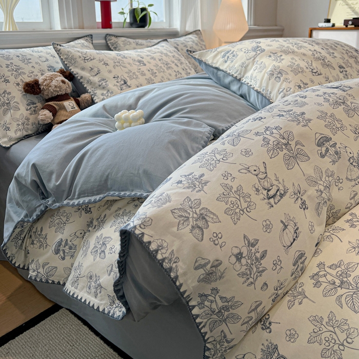 棉生活家纺 2025新款简约北欧风全棉纯棉磨毛贝壳边四件套 漫野-兰